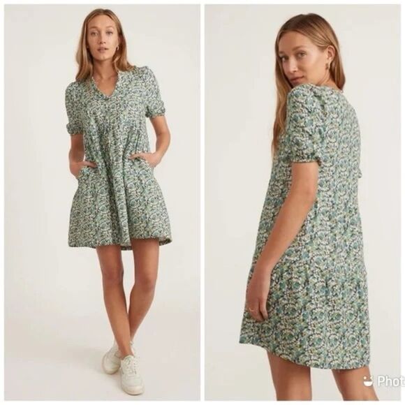 Marine Layer Jamie Short Sleeve Mini Dress Floral Blue Green Ditsy - Picture 9 of 9